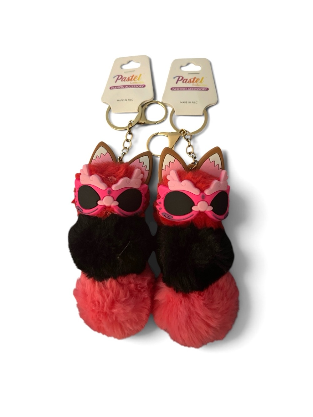 TWO KAWAII PASTEL RED MULTI PLUSH ANIMAL W/SUNGLASSES NOVELTY  KEYCHAIN BAGCHARM